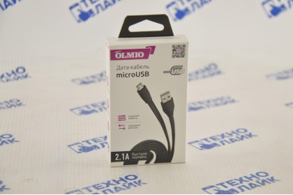 Кабель USB - microUSB, 1м, 2.1A, черный, плоский, OLMIO